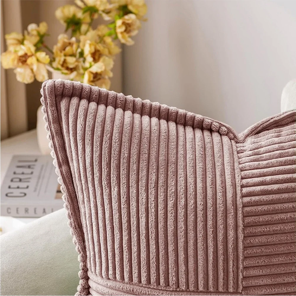 Pale Dusty Pink Stripe Texture Corduroy Farmhouse Luxury Soft Pillow Cover Set